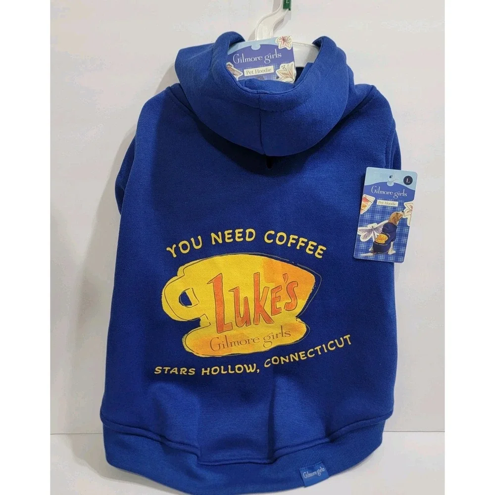 NWT Gilmore Girls Luke's Diner Dog Pet LARGE Hoodie Jacket Christmas Winter Blue